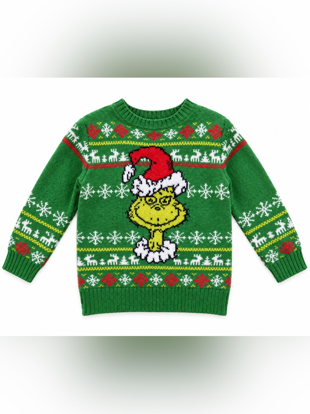 Dr. Seuss Green Grinch Holiday Knit Sweater with Red & White Accents